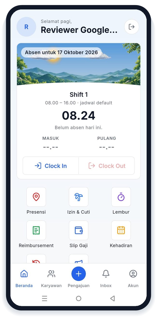 Beranda aplikasi TimKita dengan kartu absen dan menu pintasan